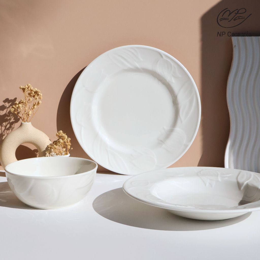 [ลดสูงสุด 80%] NP Ceramic จานเซรามิค ลายทิวลิป สีขาว สไตล์มินิมอล ใช้ตกแต่งโต๊ะอาหาร