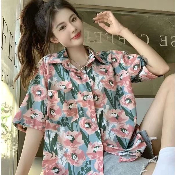 เสื้อเชิ้ตฮาวายแขนสั้น ลายดอกสีฟ้าดอกชมพู thumbnail 7