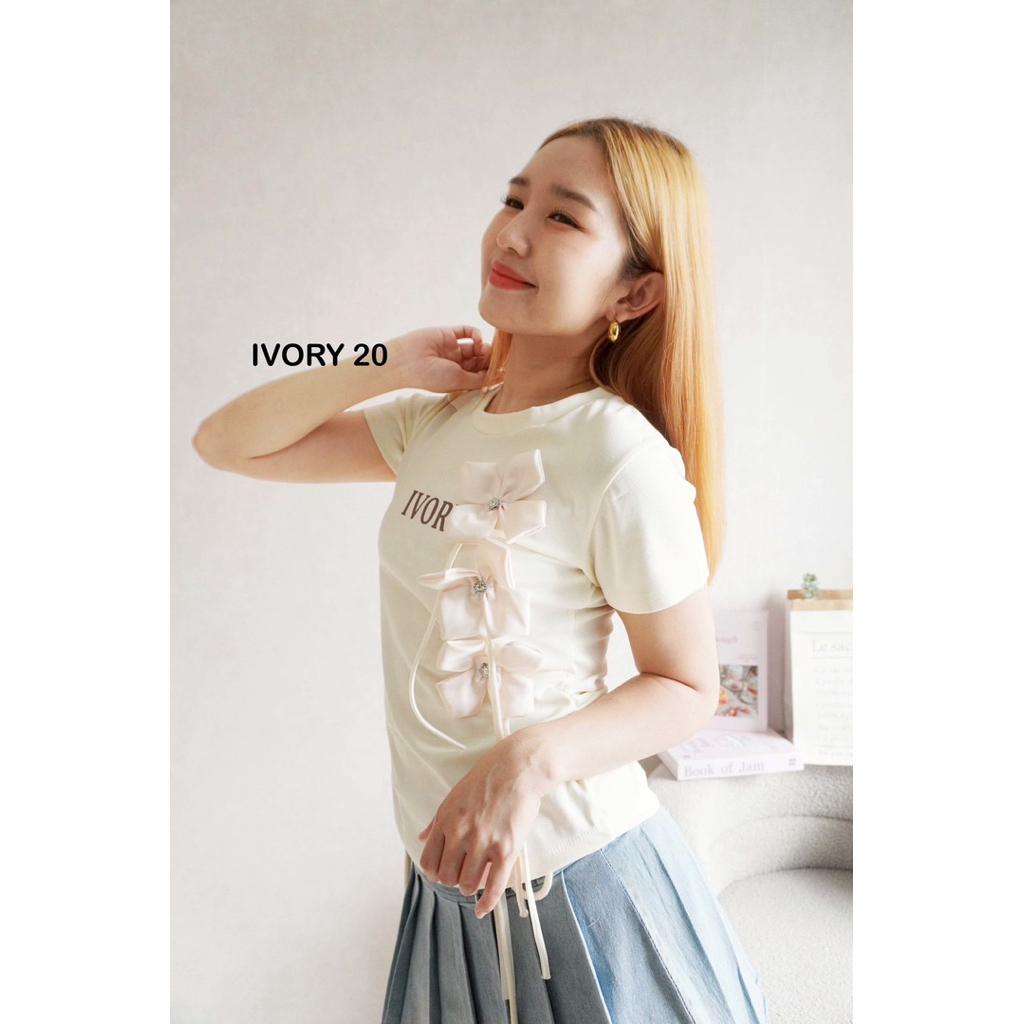 VV881 -VV225 -ป้ายIVORYเสื้อยืด แฟชั่นแขนสั้น ติดดอกไม้เพชร  ผ้ายูนิโคล่ เนื้อนุ่มใส่สบาย - รูปที่ 4
