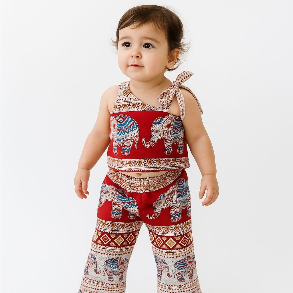 New ชุดเด็กลายช้าง แขนกุดผูกไหล่ น่ารัก 6เดือน-7ปี งานไทยคุณภาพดี  ใส่เล่นเย็นสบาย สงกรานต์ใส่ได้