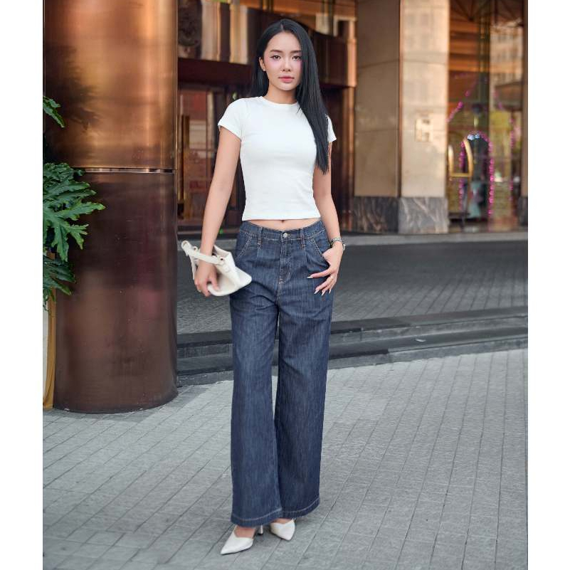 #พร้อมส่ง กางเกงยีนส์ผู้หญิง เอวสูงขากระบอก ผ้านุ่ม เอวยืดใส่สบาย Easy Denim JEAN LIKE SILK - JN7062 Dark Blue