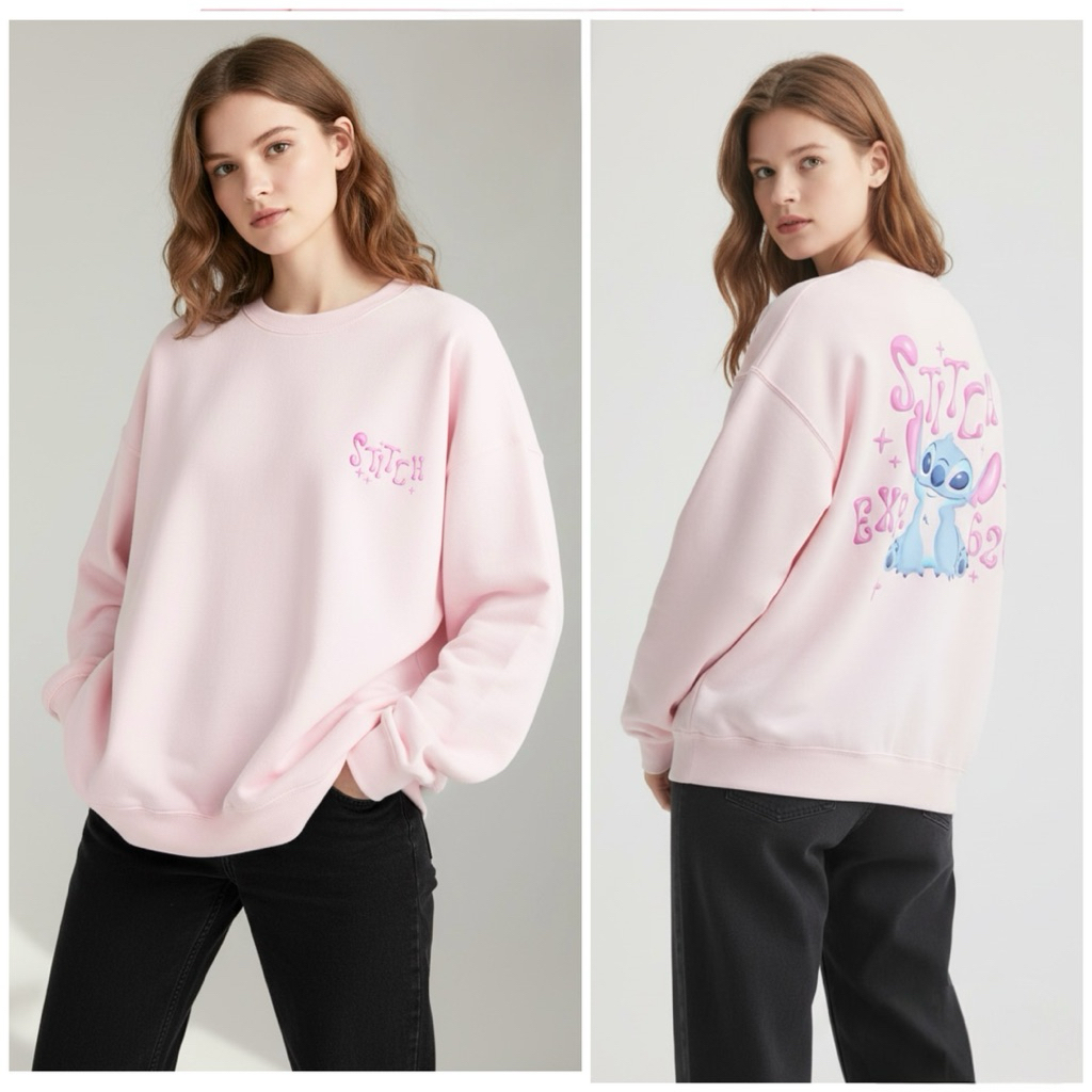 Stitch sweatshirt 🌸🌸 Stich ohana 🌸🌸สีชมพูหวาน  งานแท้(TS776)