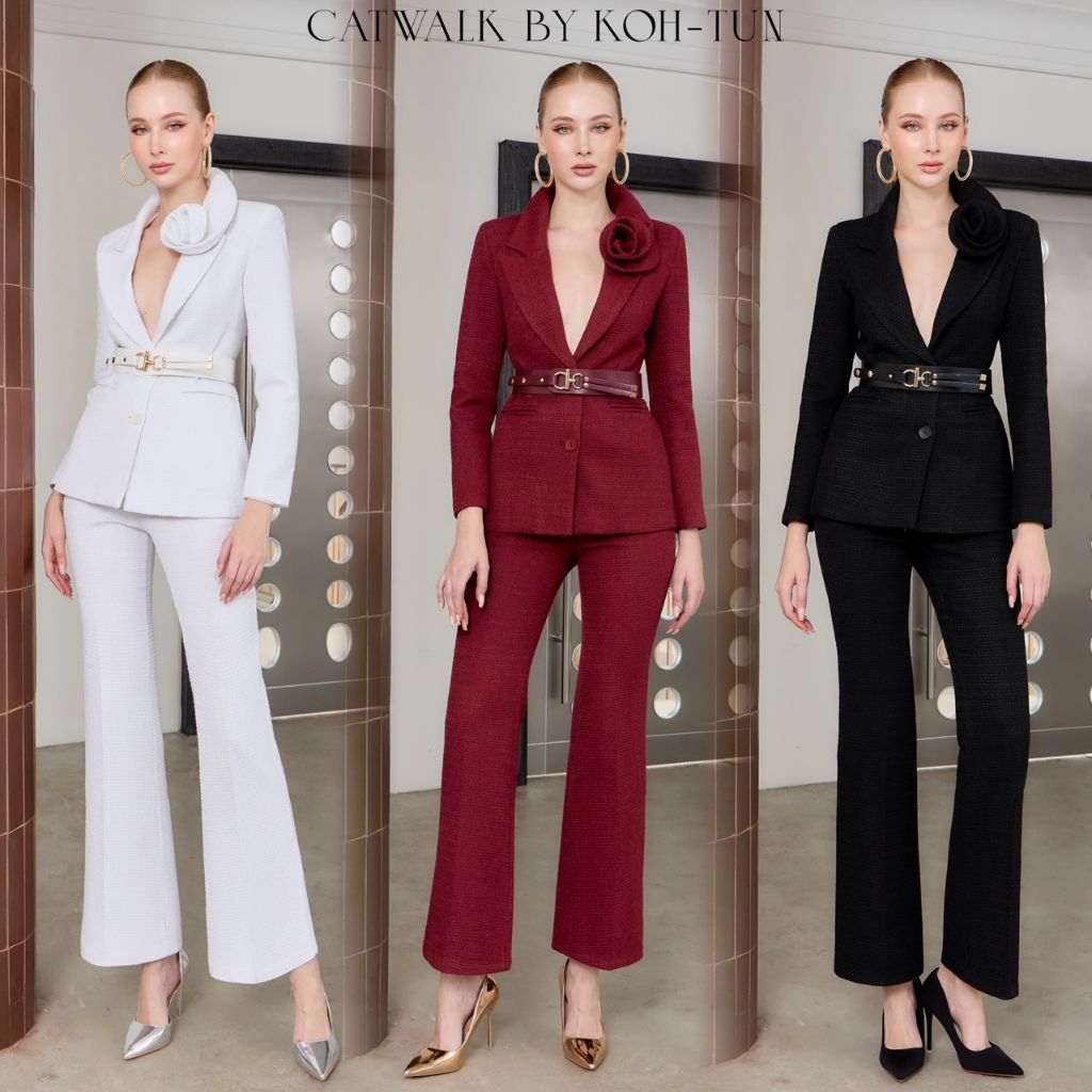 Catwalk ●Set BLAZER ผ้าทวีตปกดอกไม้+เข็มขัด+กางเกง  เนื้อผ้าทวีตเกรดเอ