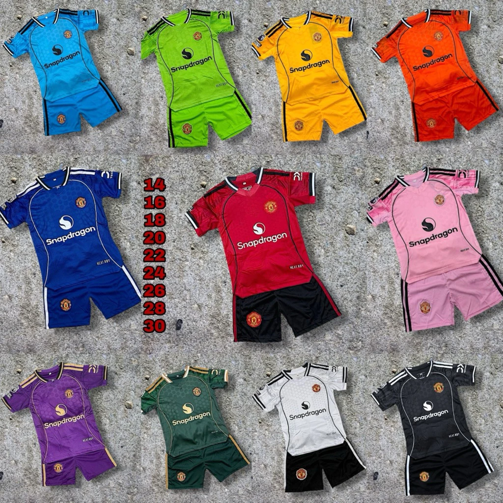 ชุดกีฬาเด็ก MU ฤดูกาลใหม่ล่าสุด 2025 มีไซส์ 14 ถึง 30 เสื้อบอลและกางเกงบอล ใส่สบาย