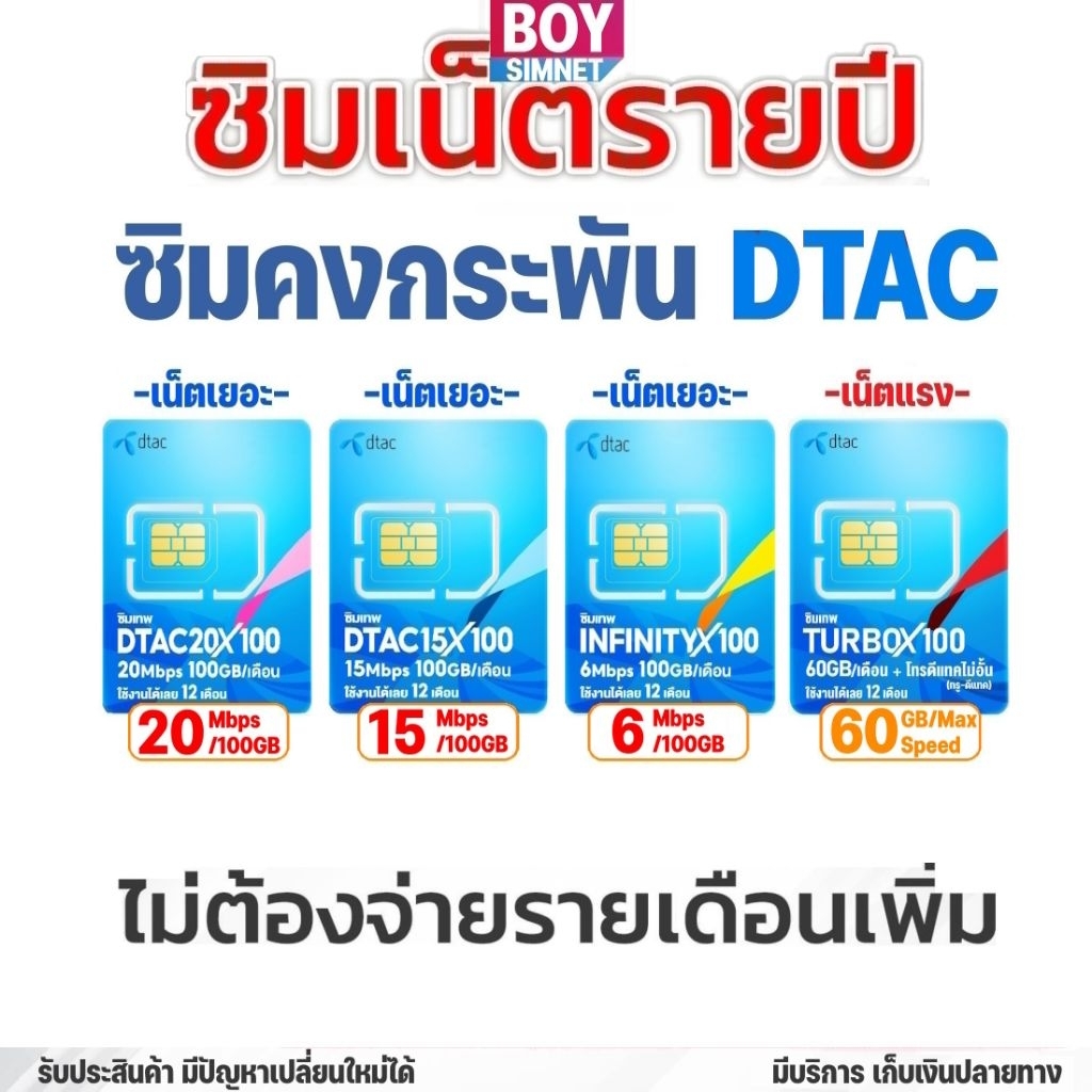 ซิมเทพ ซิมเน็ตรายปี ดีแทค | เน็ตเยอะ 100GB 20Mbps,15Mbps, 6Mbps Infinityx100 | เน็ตแรง​ Turbox100​ |