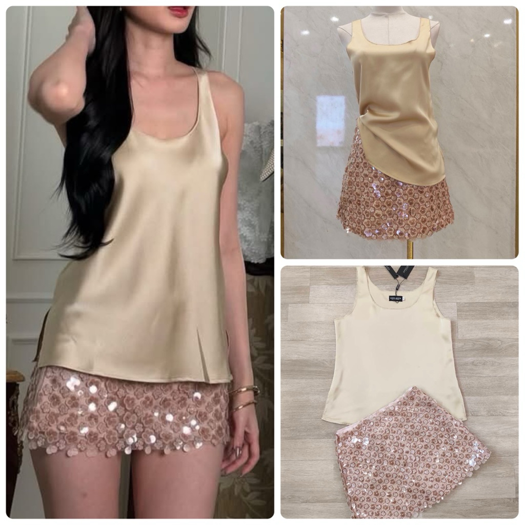 Stylista Set เซ็ตเสื้อสายเดี่ยวผ้าเรียบ + กระโปรงดอกไม้ 3D