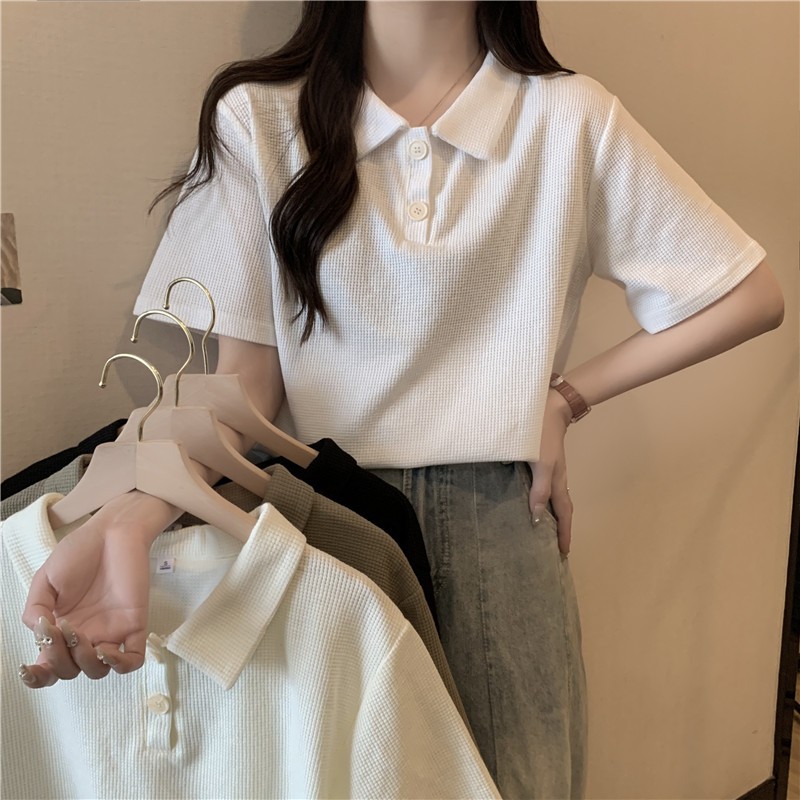 เสื้อโปโลผู้หญิง สีทึบผ้าวาฟเฟิลคุณภาพสูง ระบายอากาศ พักผ่อน เสื้อแขนสั้นเสื้อ