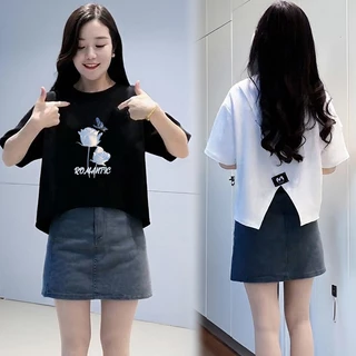 เสื้อครอปสั้นทรงหลวมทันสมัยและใส่ได้หลา Oversize เสื้อยืดแขนสั้นสำหรับผู้หญิง มี slits ด้านหลัง สไตล์ใหม่สำหรับฤดูร้อน