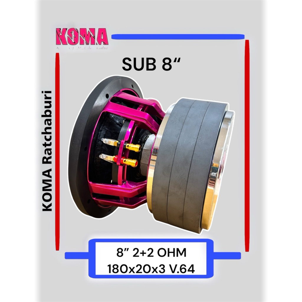 ดอกลำโพงซับ koma 8 นิ้ว ว๊อยคู่ 2+2 OHM 180x20x3 V.64 1000 W โครงหล่อสีชมพู (ราคาต่อ 1 ดอก) ราคา ถูกที่สุด ดีลบีเคเค แกลเลอรีภาพที่ 3