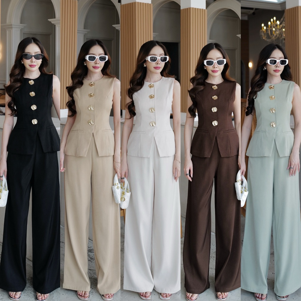 HILOOK ชุดเชต เสื้อแขนกุดคอกลม แต่งกระดุมทอง ดีเทลดูสวยหรูแพงมีซับใน+ กางเกงขายาวกระบอบทรงสวย