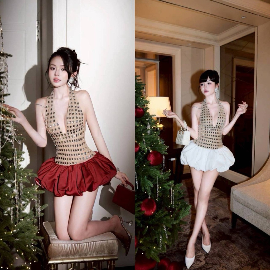 TBB มินิเดรสคอวีลึก เน้นเนินอก ดีไซน์คล้องคอ ดีเทลปักคริสตัลเม็ดใหญ่ด้านบนตัวชุด