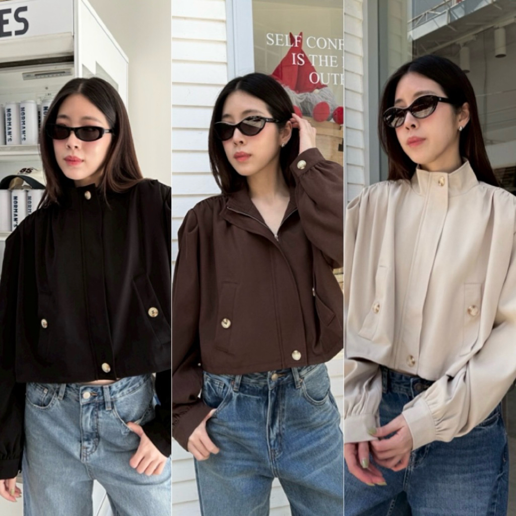 Basic jacket🤍🤎เสื้อคลุมแจ็คเก็ตทรงครอป คอสูง ผ้าดีมากกก