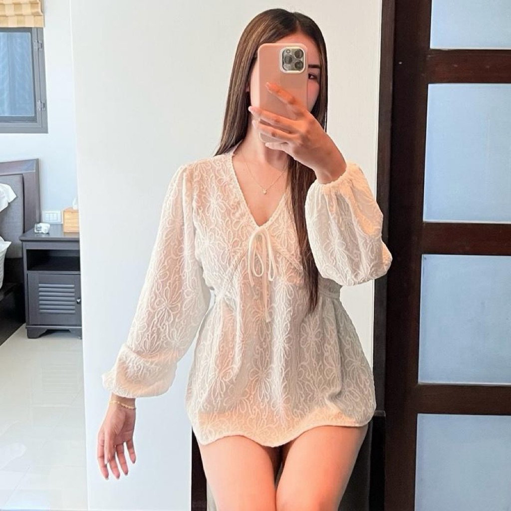 781 เสื้อคอสีแต่งลูกไม้น่ารัก งานตัวยาวใส่พรางหุ่น :อก32-46นิ้ว