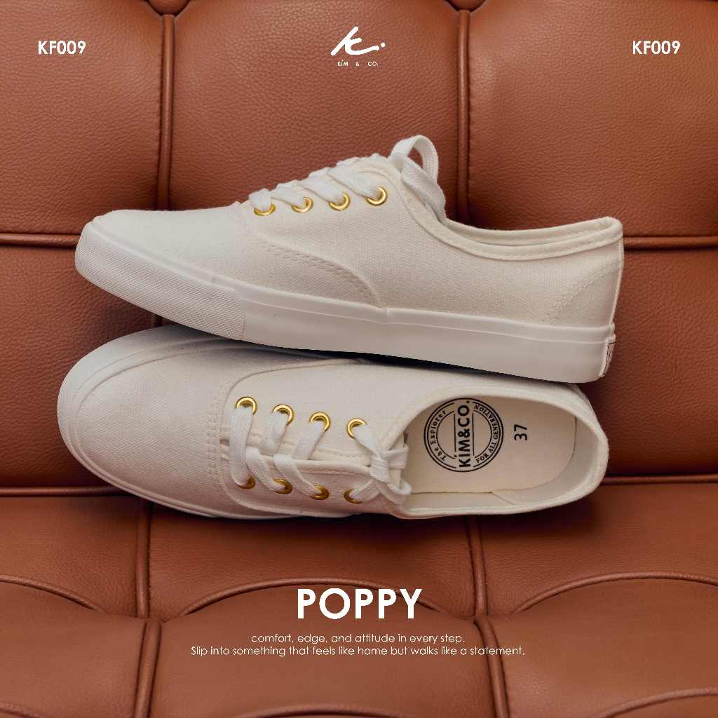 KIM&CO. Poppy(KF009W) รองเท้าผ้าใบกันน้ำ แฟชั่นผู้หญิง สีขาว สไตล์ลูกคุณหนู ใส่แล้วเท้าเล็ก ขาเรียว