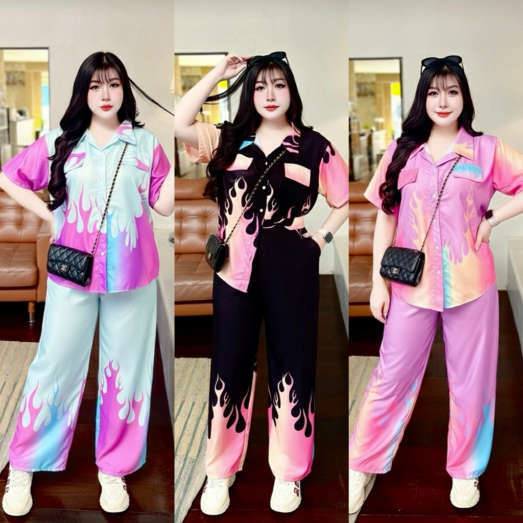 ชุดเซ็ทคอปกฮาวาย ผ้าไหมอิตาลี่ใส่สบาย อกหน้าผ้า54 สำหรับสาวอวบอ้วน ใส่สงกรานต์ ใส่ไปทะเล สวยมาก