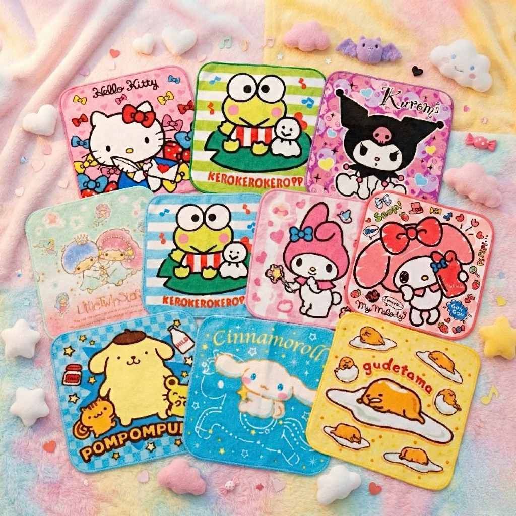 ผ้าเช็ดหน้า 8x8 นิ้ว ผ้าขนหนูลาย Hello Kitty|Keroppi|Kuromi|Pompompurin|Gudetama|My Melody|Little Twin Stars|Cinnamoroll