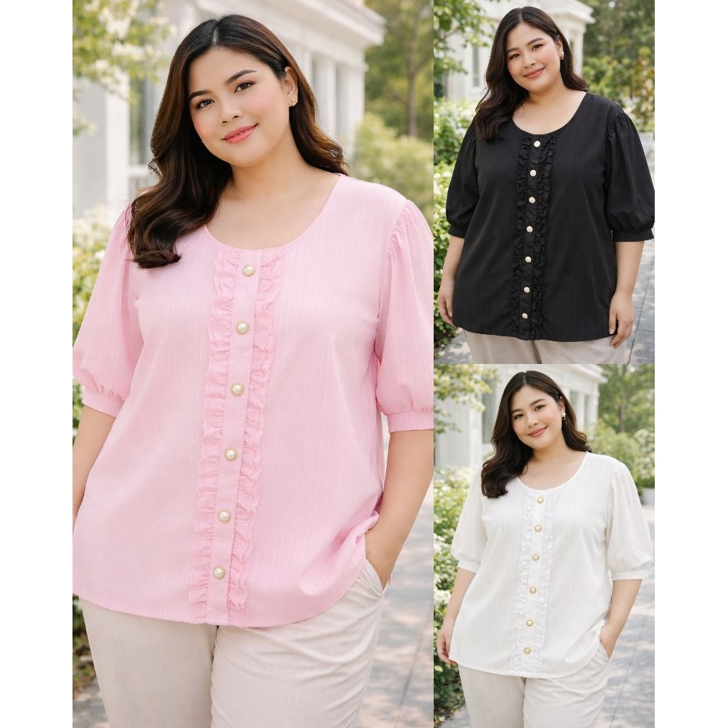 เสื้อไซส์ใหญ่ คนอ้วน plussize เสื้อคอกลมแต่งระบาย อก 60 นิ้ว
