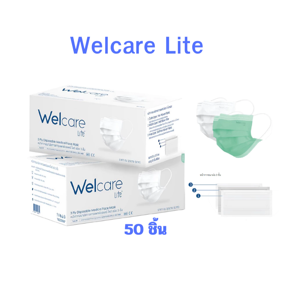 Welcare Lite กรอง 3 ชั้น หน้ากากอนามัยกรองฝุ่นและเชื้อโรค สำหรับผู้ใหญ่ 50 ชิ้น