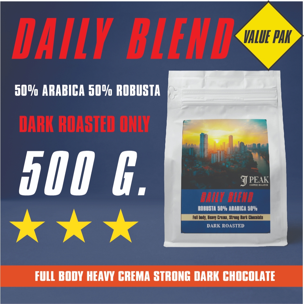 เมล็ดกาแฟคั่วเข้ม เดลี่เบลนด์ อาราบิก้า 50% โรบัสต้า 50%500กรัม/ DAILY BLEND 50% ROBUSTA 50% ARABICA DARK ROAST 500กรัม.