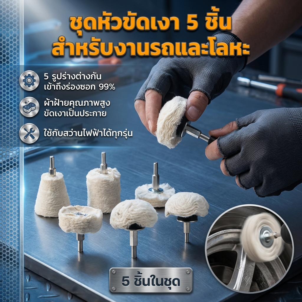 5 ชิ้น แผ่นขัดเงา ใยขัดล้อ ขัดเงารถ ชุดหัวขัดติดดอกสว่าน สำหรับขัดรถและโลหะ