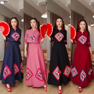 เซ็ทลายลีซู มี4 สี เสื้อคอจีนและกระโปรงทรง6ชิ้น (ผ้าโพลี่เอส…