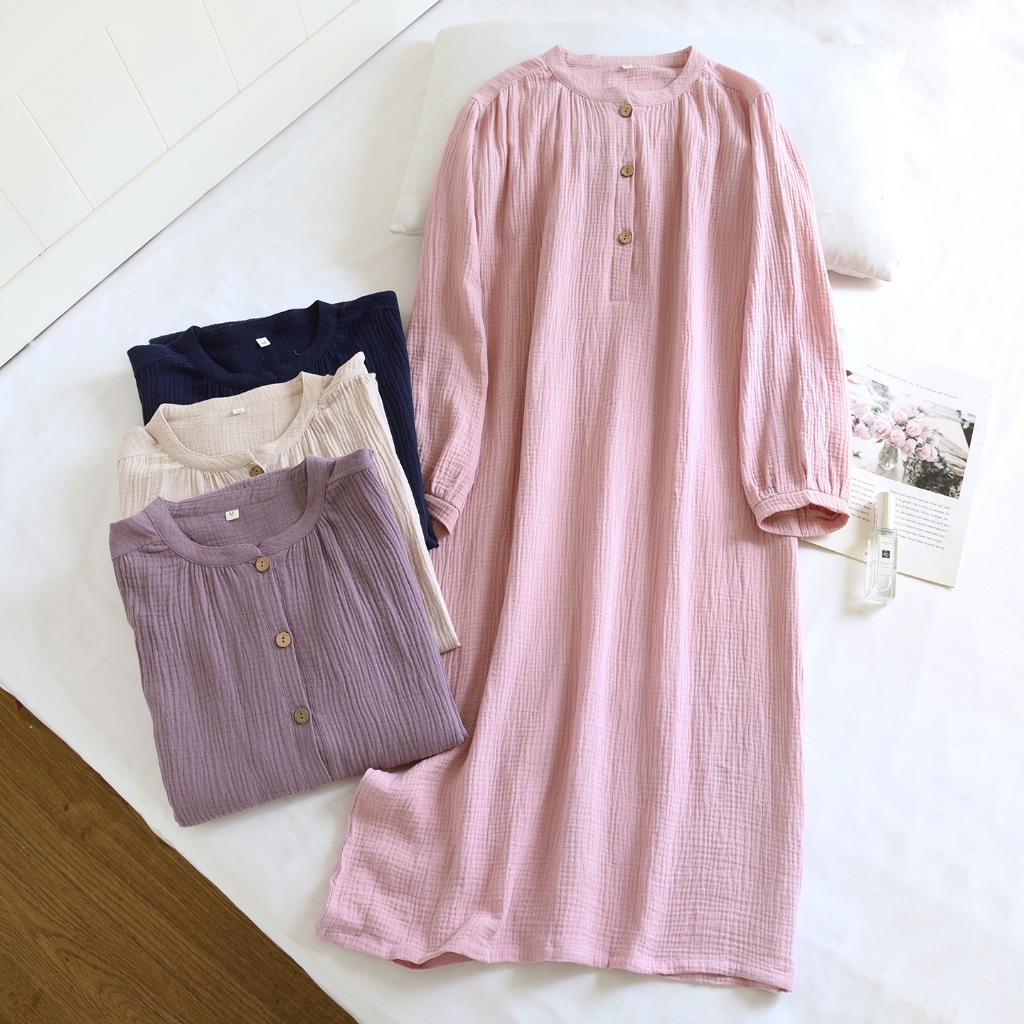 (มีสินค้าพร้อมส่ง) ชุดนอนกระโปรง แขนยาว ผ้า cotton เนื้อนุ่ม สีเรียบๆ