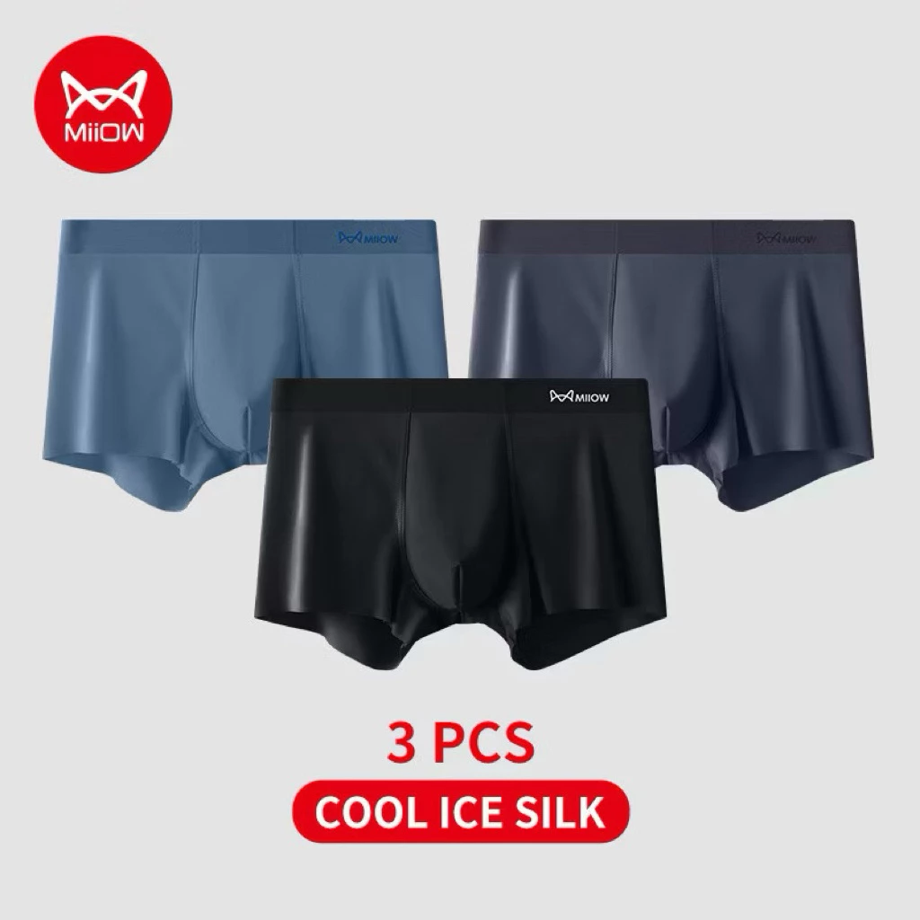 Miiow 3ตัว กางเกงบ๊อกเซอร์ผู้ชาย Ice Silk Boxer กางเกงชั้นในเย็นไม่มีรอยต่อ Breathable ด่วนแห้งบ๊อกเซอร์