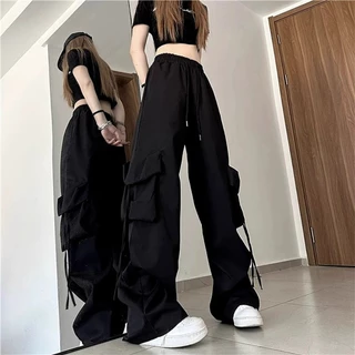 กางเกงทำงานสีดำเอวสูงกางเกงกีฬาลำลองทรงหลวม กางกางผู้หญิงwomen cargo pants กางเกงคาร์โก้ พร้อมส่งจากกทม