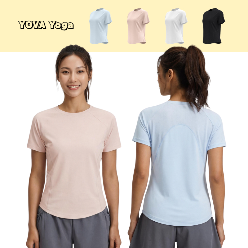เสื้อโยคะผู้หญิง เสื้อกีฬา แขนสั้น เสื้อยืดคอกลมสีพื้น ด้านหลังเป็นตาข่าย ระบายอากาศ และแห้งเร็วสำหรับวิ่งกลางแจ้ง