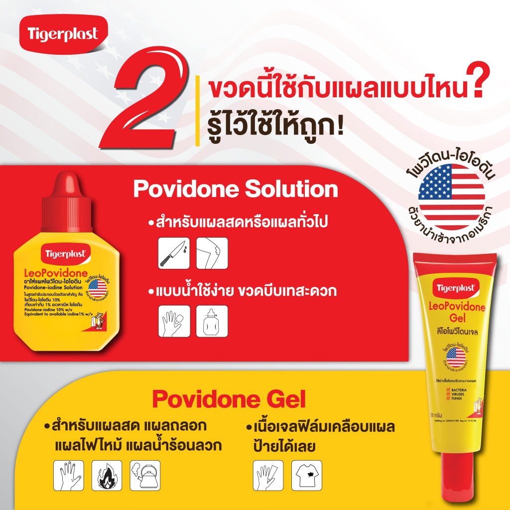 Tigerplast LeoPovidone ยาทาแผล 10% ไอโอดีน ขนาด 15 ml. และ 30 ml.