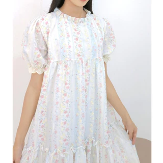 cherie dress 🌷💕🫶🏻ชุดเดรสลายดอกไม้ วินเทจ หวานพาสเทล แขนพอง กระโปรงระบาย สไตล์เกาหลี ใส่เที่ยว