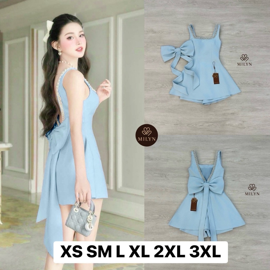 MILYN มินิเดรสตัวเดรสแขนกุดกระโปรงทรงพลิ้วสวย-สีฟ้า
