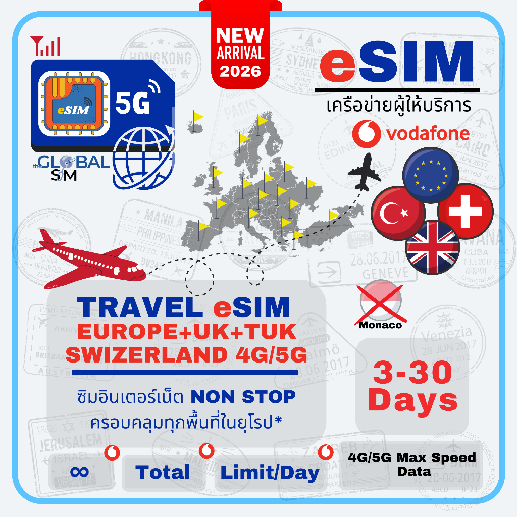 【The Global SIM】eSIM Europe C, UK, SWZ & TUK SIM ซิมสหภาพยุโรป อังกฤษ สวิส และตุรกี Vodafone 3-30Day