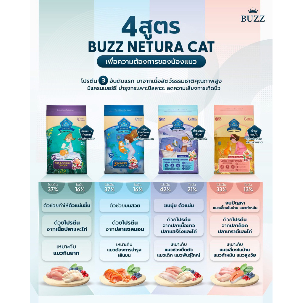 [พร้อมส่ง] Buzz Netura Holistic อาหารเม็ดสำหรีบลูกแมวและแมวโต ขนาด1 กิโลกรัม