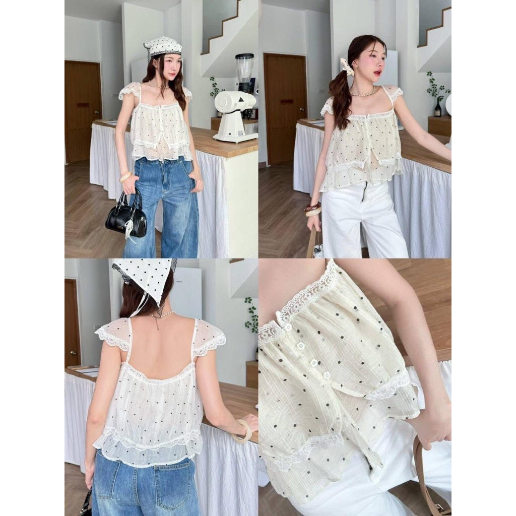 prod เสื้อแขนระบายสีครีมลายจุด