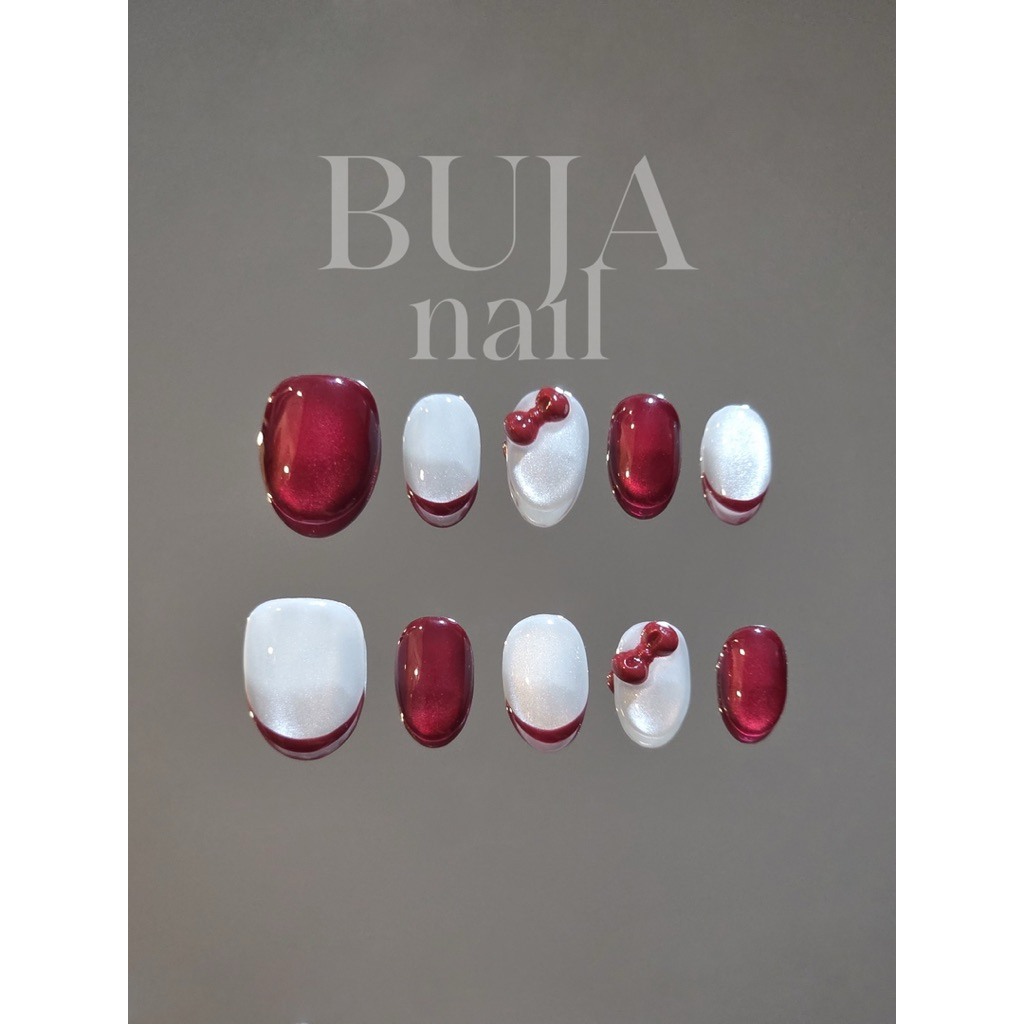 Snow white 🎀 พร้อมส่ง เล็บปลอมCateye ลูกแก้วสีขาวแดงเจลลี่ พร้อมโบว์สุดน่ารัก
