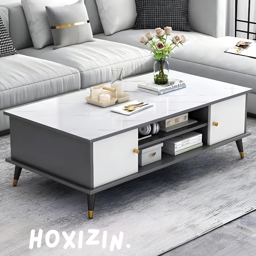 โต๊ะกลางโซฟาลายหินอ่อน โต๊ะกาแฟ Coffee Table ประตูบานเปิดเก็บของ ไม้คุณภาพ สวยโมเดิร์น