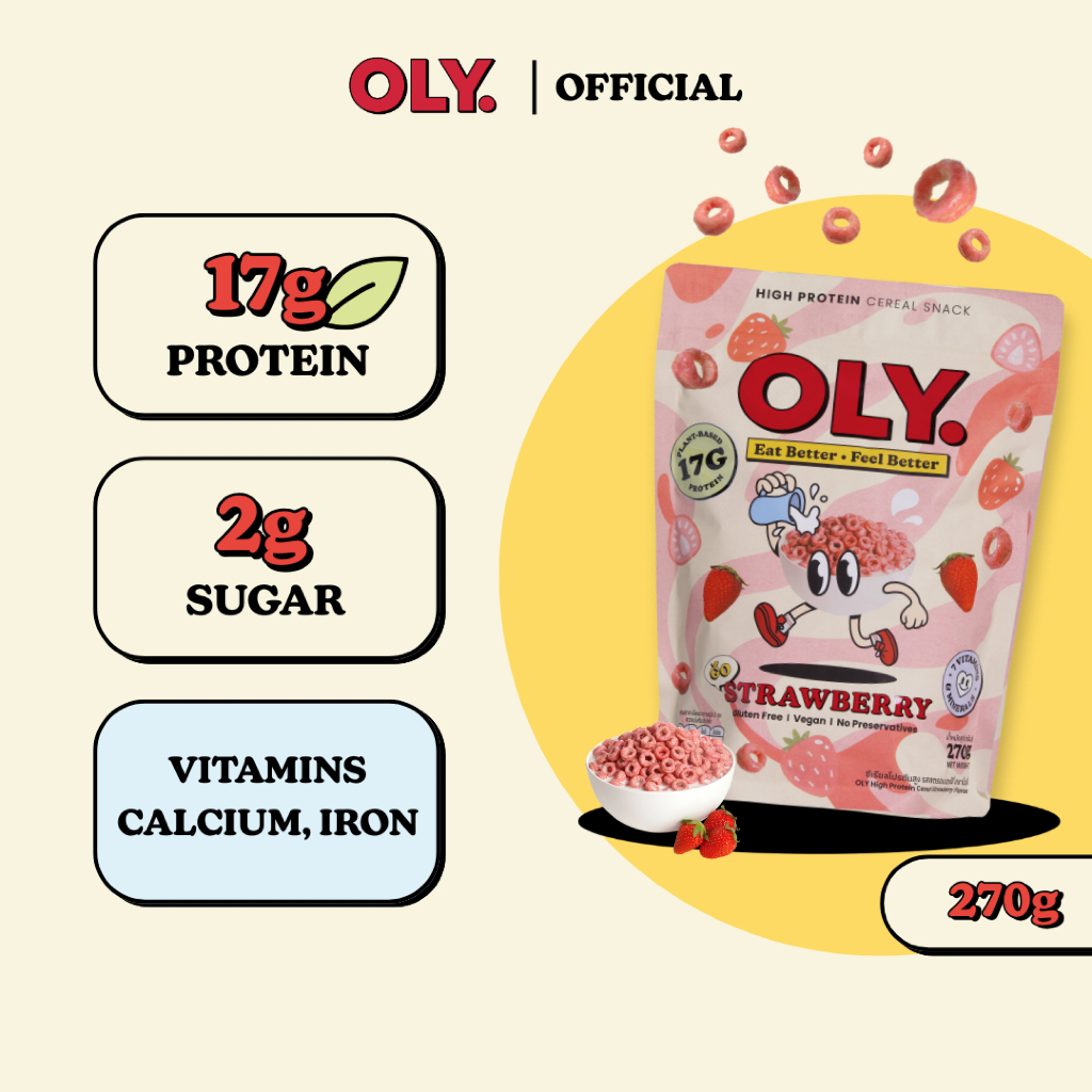 OLY. Go Strawberry Plant Based High Protein Cereal 270g โอลี่ ซีเรียลโปรตีนสูง รสสตอเบอร์รี่ 270g