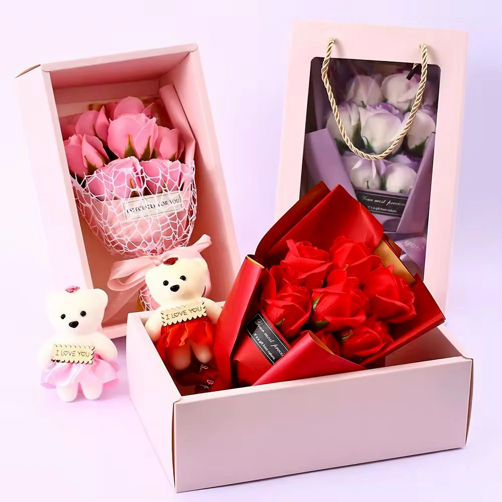 (พร้อมส่งส่งด่วน) ดอกไม้วาเลนไทน์ ของขวัญ กล่องครบเซ็ทพร้อมตุ๊กตา แถมถุงกระดาษ มี 2 แบบ แบบมีไฟและไม่มีไฟ