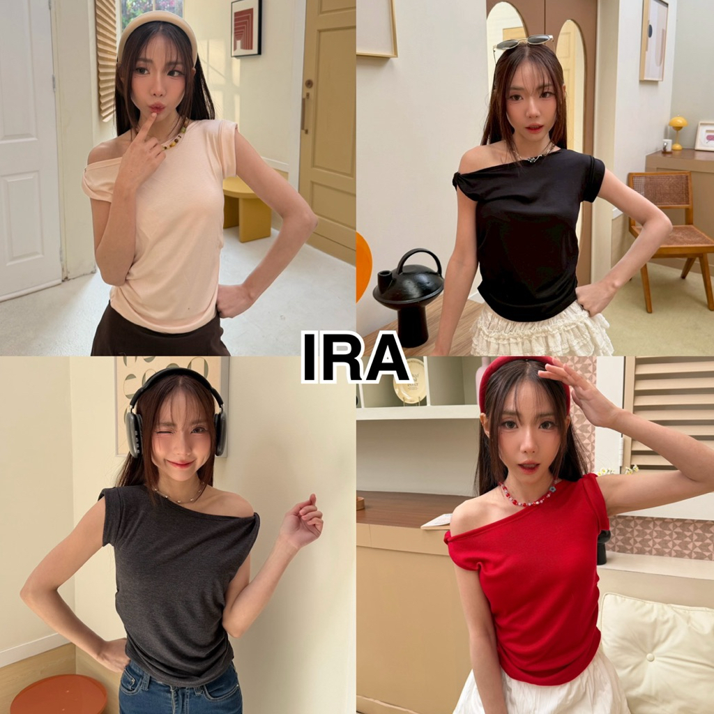 BY IRA  Alexandra Top เสื้อยืดแขนสั้นสีเทาสไตล์เกาหลี แขนกระดิ่งเล็ก ทรงเข้ารูป ทรงเข้ารูป แขนสั้น ใส่สบาย