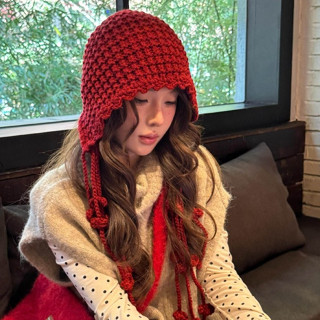 หมวกไหมพรมถัก  พู่ปอมปอม   การออกแบบเพื่อป้องกันหู แฟชั่น ทร…