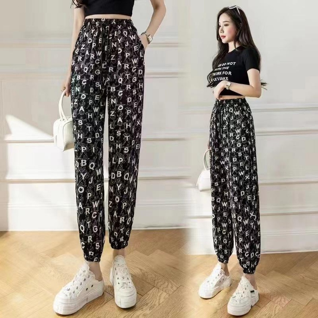 กางเกงขาบานผู้หญิง แมทช์ง่าย Casual Pants ลายตัวอักษร แฟชั่น เอวสูง กางเกงลายดอก ใส่สบาย ขากระบอก