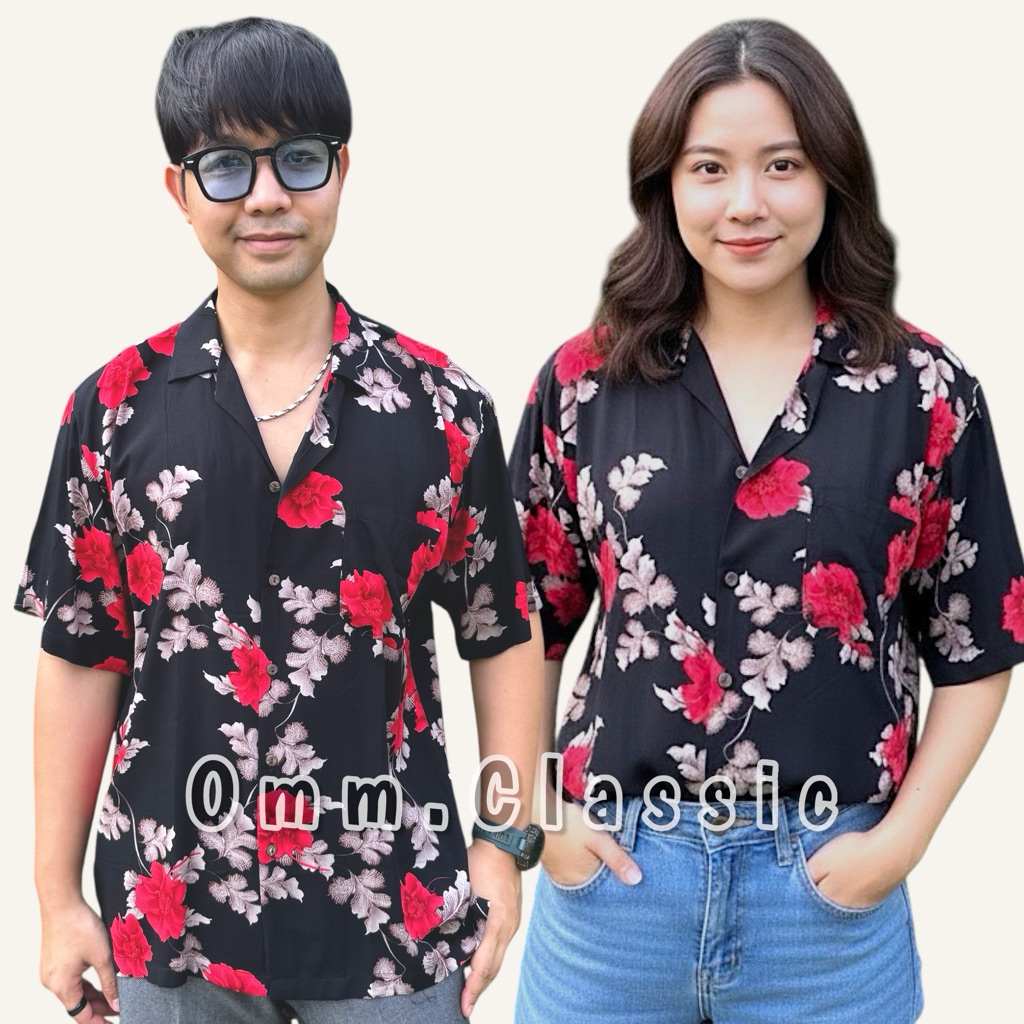 เสื้อฮาวายผ้านิ่ม(เรยอน)ลายดอกไม้แดงพื้นดำ