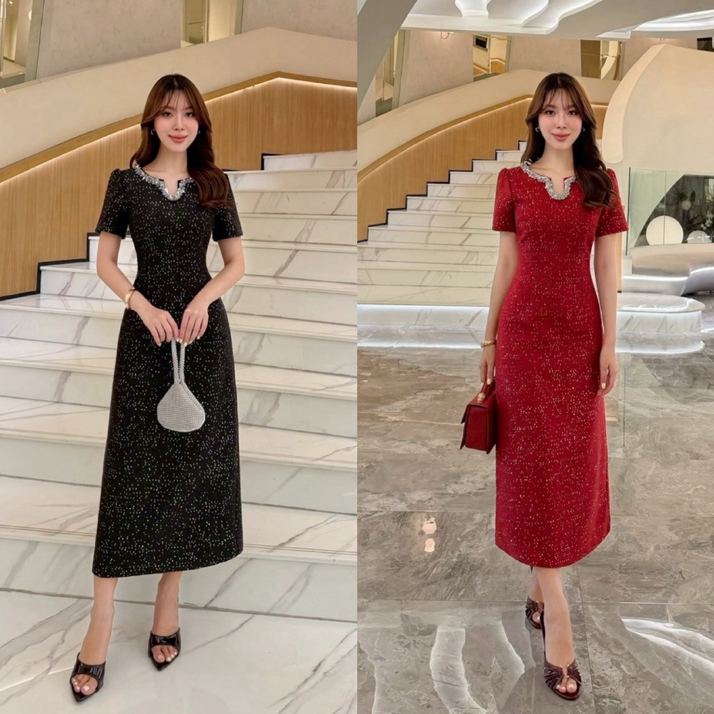 เดรสแขนสั้น เนื้อผ้าทวิสทอผสมกริตเตอร์ คอแต่งอะไหล่สีเงิน คัตติ้งเข้ารูปพอดี #abi