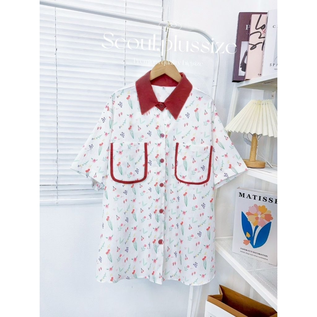 เสื้อเชิ๊ตไซส์ใหญ่ทูโทนคอปกสลับสีลายน่ารัก อก 40-60