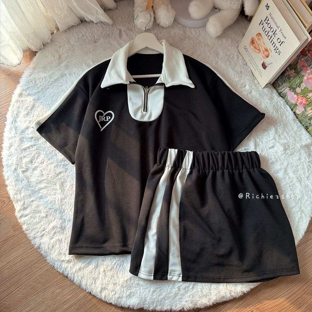Richie’z 🎀 JRP set 2 ชิ้น สาวอวบใส่ได้ เสื้อคอปกแต่งซิป กับ กระโปรงแต่งแถบมีซับใน