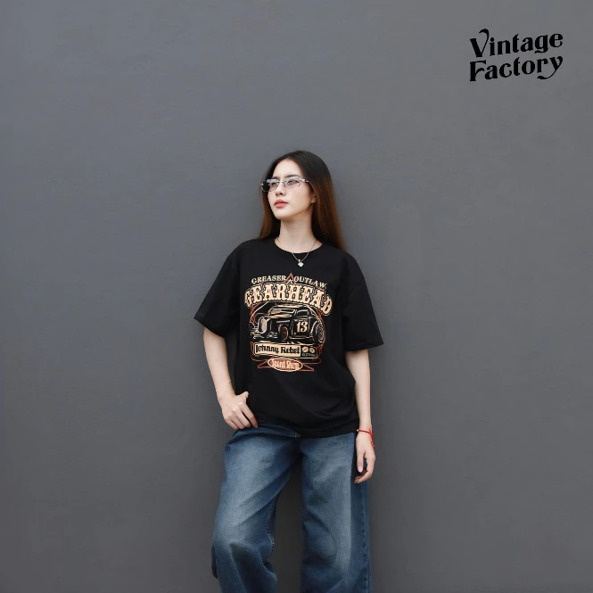 Vintage Factory (พร้อมส่ง) เสื้อยืด GEARHEAD FRONT - ผ้า Cotton100% ซิลค์สกรีนติดแน่นทนนาน