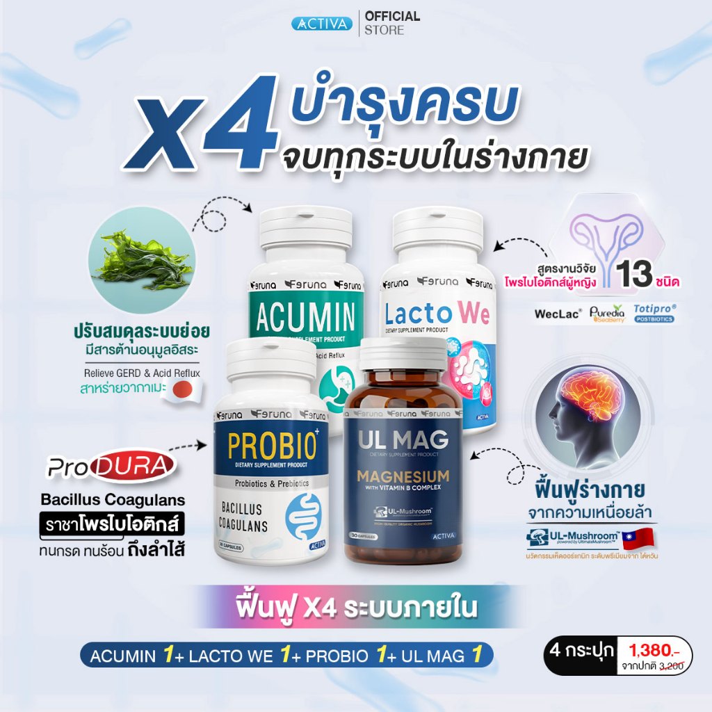 [SET] Feruna ฟีรูน่า เซ็ตรวมตัวช่วยสุขภาพดี ฟื้นฟู x4 บำรุงครบ จบทุกระบบในร่างกาย : Acumin+LactoWe+P