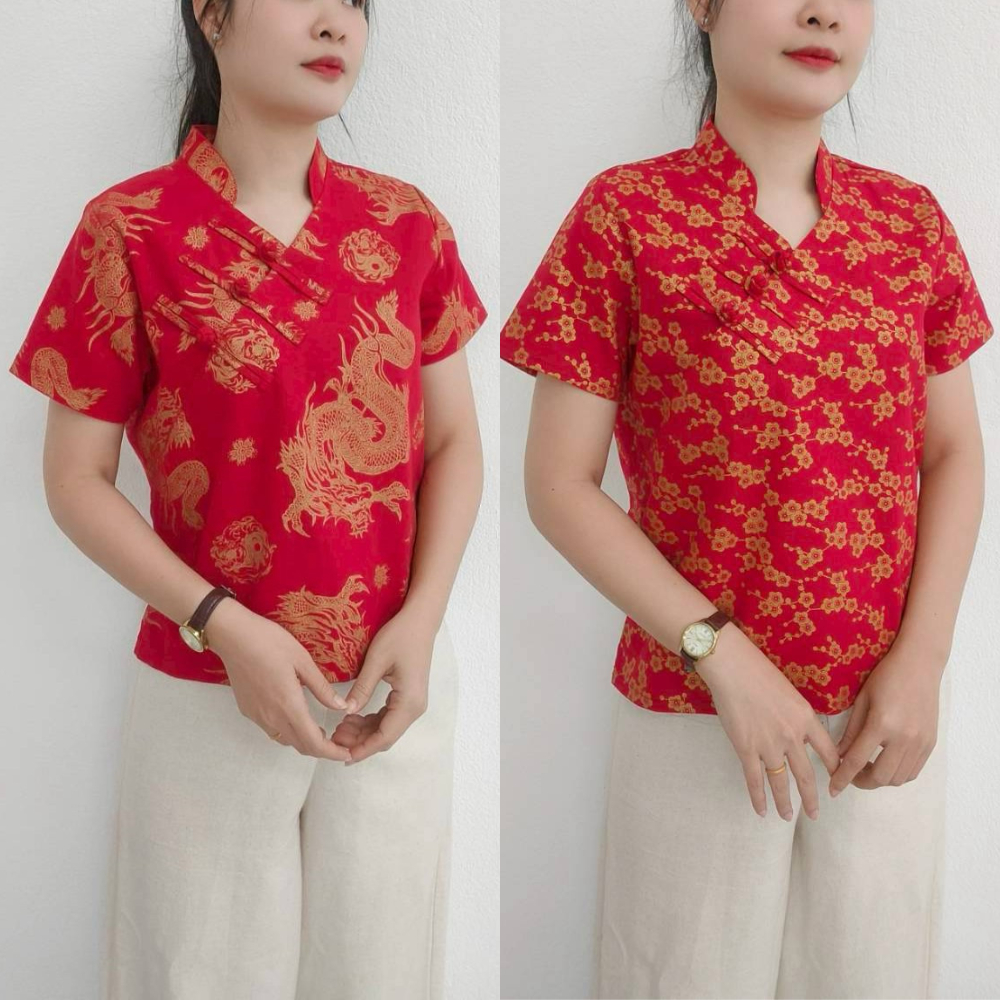 เสื้อตรุษจีน คอจีนอาหมวยไบ่ข้าง กระดุมขอด ผ้าฝ้ายพิมพ์ทอง