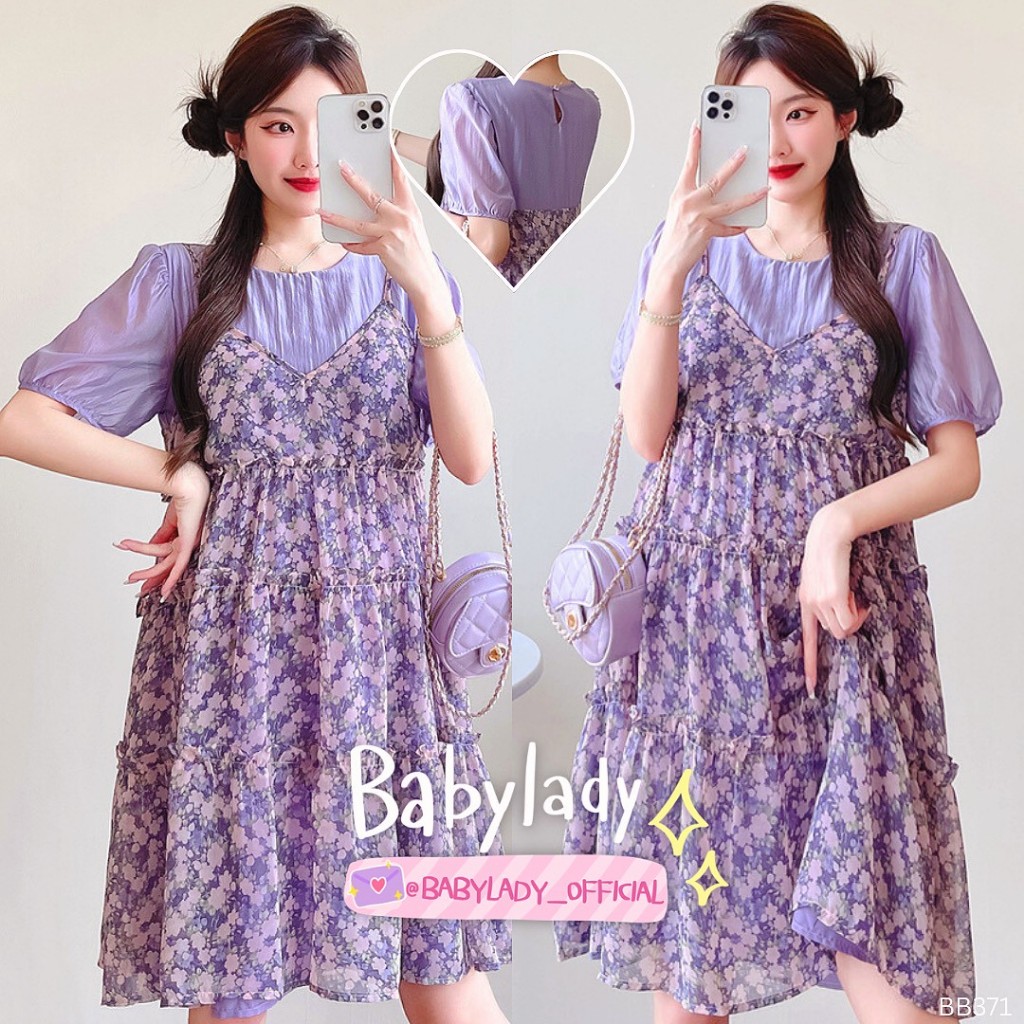 [BB 371] ชุดคลุมท้อง | BABYLADY ♡ - ผ้าชีฟองลายดอกไม้ ตัดต่อผ้าไหมญี่ปุ่น ดีเทลเอี๊ยมหลอก แขนตุ๊กตา มีซับใน